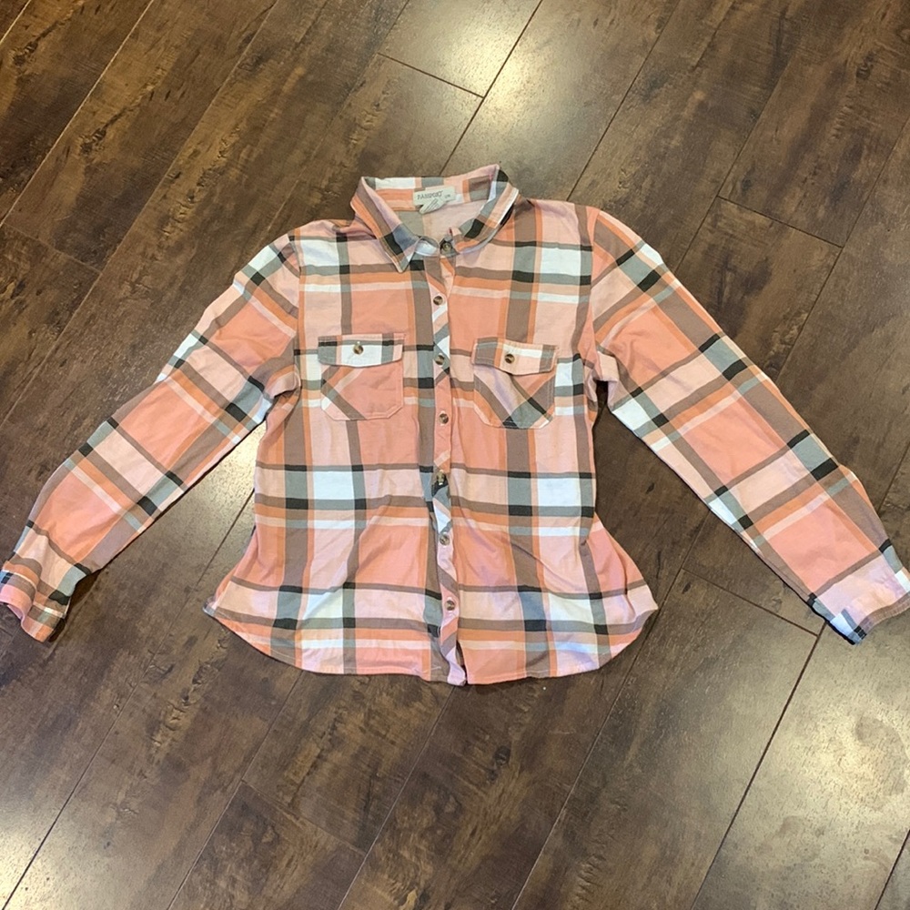 Passport girls plaid long sleeve button-up, size 14 girls